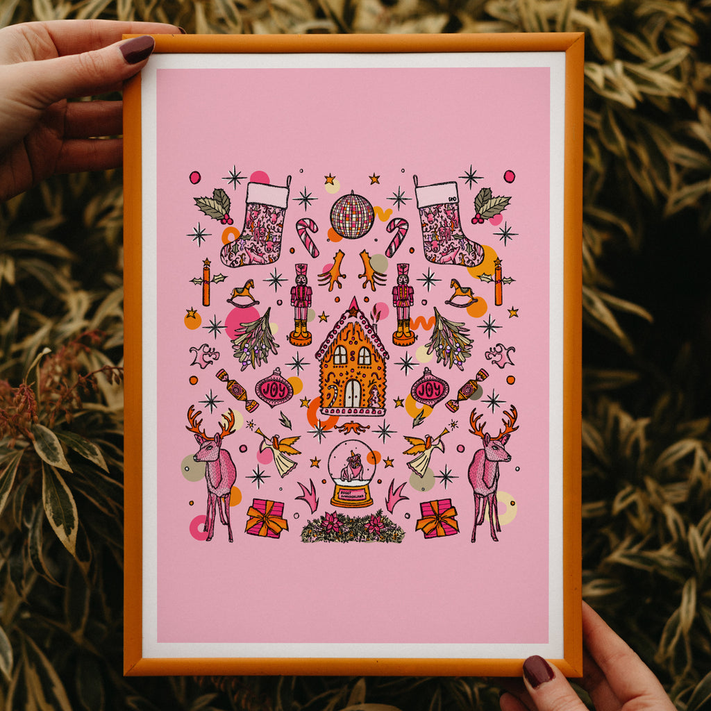 christmas decor, pink statement wall art, gingerbread house, nursery decor