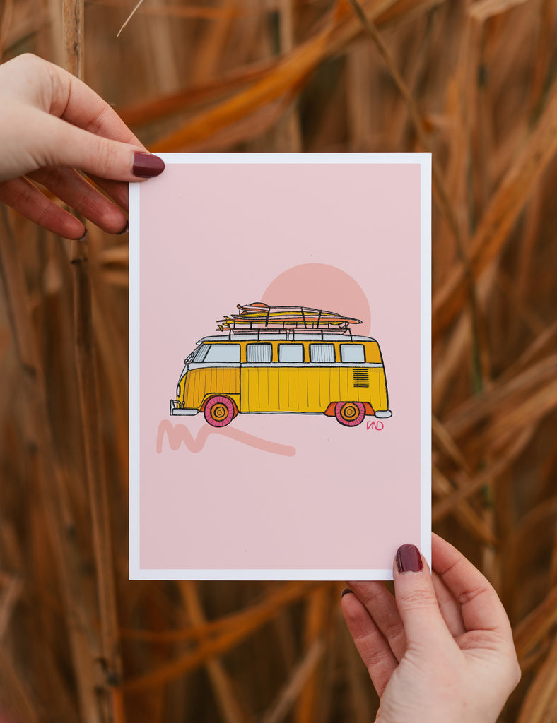 camper van art print, pink art, yellow hippy van, colourful wall art