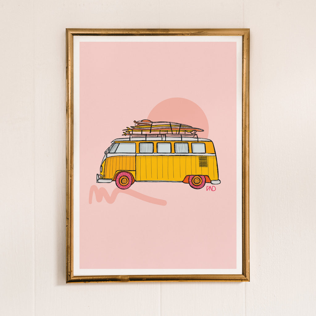 camper van art print, pink art, yellow hippy van, colourful wall art